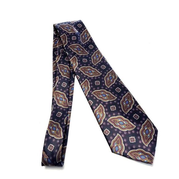 Camden Court Purple Gray Tan Metallic Short Print Polyester Tie - Picture 6 of 6